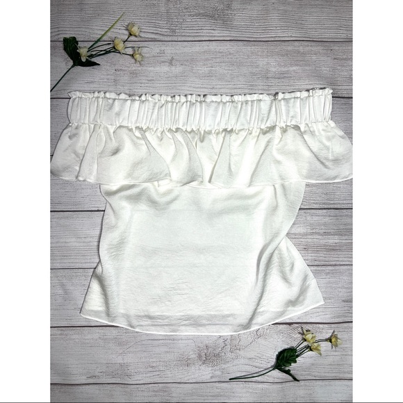 EXPRESS Off The Shoulder Smocked Ruffle Top in Ivory - Picture 3 of 14